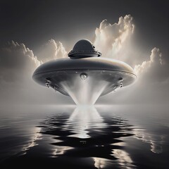 Fantasy UFO over water. Generative AI illustrations. 