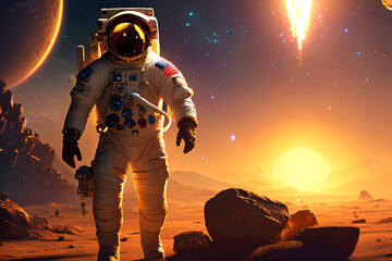 Fototapeta premium A brave astronaut taking a giant leap in an alien world. Courage, discovery, dream concept created with generative AI.