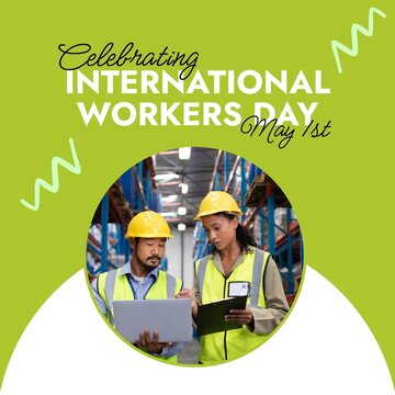 Composition of international workers day text over workers in helmets on green background