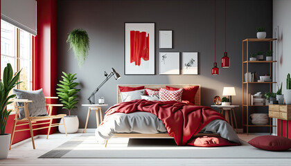 Modern bedroom interior with red accent