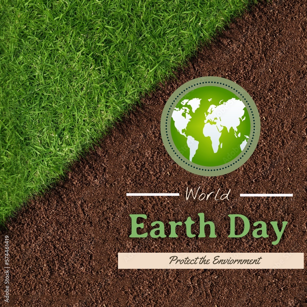 Aufkleber composite of globe with world earth day and protect the environment text over grassy and muddy field