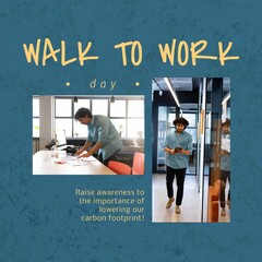 Composition of walk to work day text and biracial businessman walking