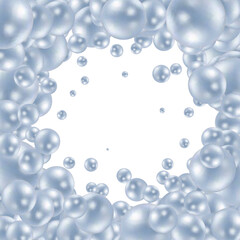 Background with render 3d color balls. Round Sphere of geometric objects, pearl made of metal and plastic. Template with social media story, social networks. vector illustration. Blue frame. EPS 10