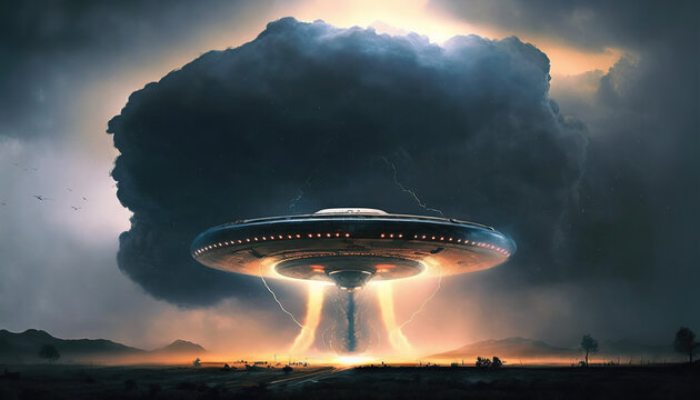 Flying saucer flies over highways and in the desert. Invasion of extraterrestrial intelligence on an intergalactic ship. Alien abduction. Created with Generative AI.