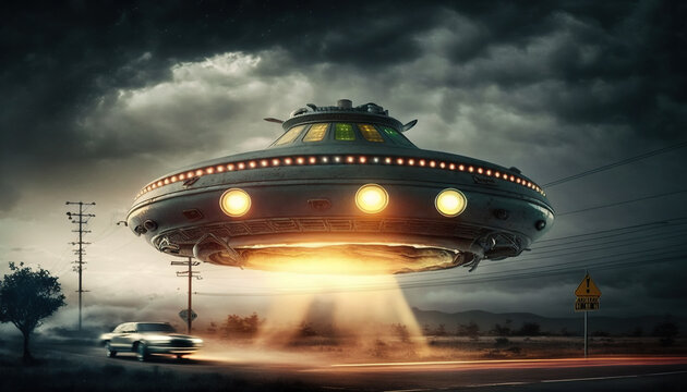 Flying saucer flies over highways and in the desert. Invasion of extraterrestrial intelligence on an intergalactic ship. Alien abduction. Created with Generative AI.