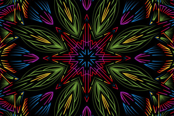 Beautiful caleidoscope symmetrical colourful gradient flowers line art of traditional abstract symbol batik dayak ornament design template elements

