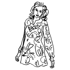 Portrait of a beautiful smiling blonde woman. Hand drawn linear doodle rough sketch. Black silhouette on white background.