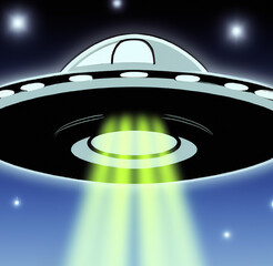 Illustration of a space ship, ufo disc with stars and lights