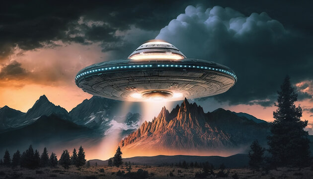 Flying saucer flies over highways and in the desert. Invasion of extraterrestrial intelligence on an intergalactic ship. Alien abduction. Created with Generative AI.