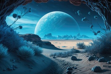 Blue exotic planet, natural landscape on exoplanet, Generative AI