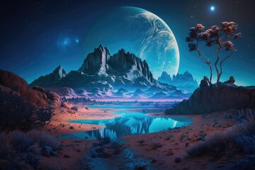 Fototapeta na wymiar Blue exotic planet, natural landscape on exoplanet, Generative AI