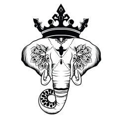 Black and white elephant king illustration logo