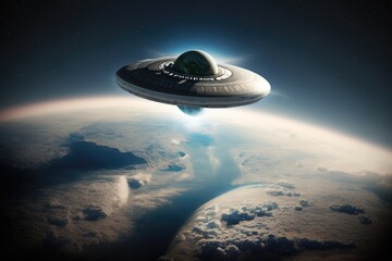 Naklejka na ściany i meble Flying saucer approaching Earth, alien ship arriving on planet earth, Generative AI 