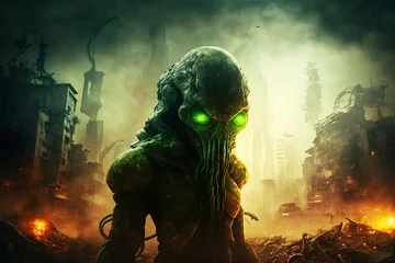 Extraterrestrial alien in front of burning city, post apocalypse after alien invasion. Generative AI. © Aul Zitzke