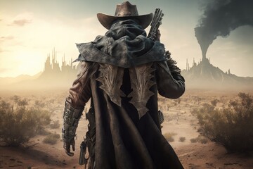 Fototapeta premium Gunslinger in post apocalyptic desert city, Survivor looking at destroyed city after apocalypse, Generative AI