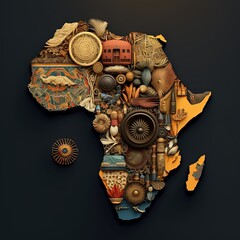 Africa map mosaic, map of africa made from objects of african culture, black history, Generative AI - obrazy, fototapety, plakaty