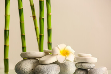 Obraz na płótnie Canvas Spa stones, flower and bamboo on light background