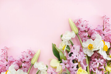 Blossoming white and light yellow daffodils, pink hyacinths and spring flowers festive background, bright springtime bouquet floral card