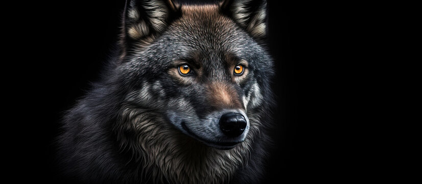 Wolf head portrait close up image of a dark wolf showing the beautiful yellow eyes, on black background. Image was created with generative ai