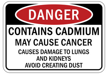 Cadmium chemical hazard sign and labels contains cadmium may cause cancer. Cause damage to lung and kidney. Avoid creating dust