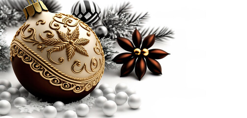Gold and white Christmas ornaments and baubles. Merry christmas. Generative AI