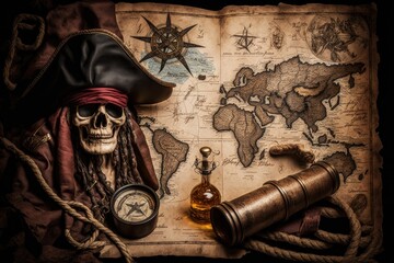 Naklejka premium Treasure map with pirate objects, Generative AI