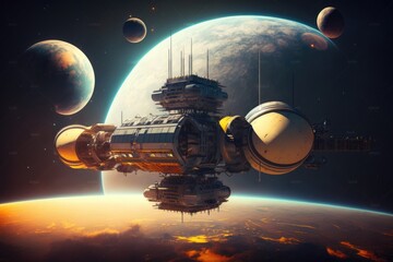 Space station orbiting exotic planet, sci-fi space station, Generative AI