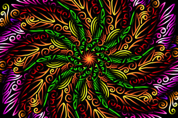 Beautiful caleidoscope symmetrical colourful gradient flowers line art of traditional abstract symbol batik dayak ornament design template elements

