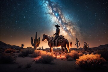 Cowboy riding a horse in the desert at night with the Milky Way in the sky, Generative AI
