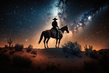 Obraz na płótnie Canvas Cowboy riding a horse in the desert at night with the Milky Way in the sky, Generative AI 
