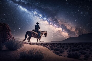 Obraz na płótnie Canvas Cowboy riding a horse in the desert at night with the Milky Way in the sky, Generative AI 