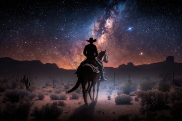 Naklejka na ściany i meble Cowboy riding a horse in the desert at night with the Milky Way in the sky, Generative AI