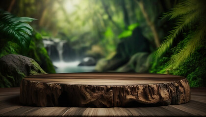 Empty wooden table top product display showcase with waterfall, trees and plants background. Generative AI