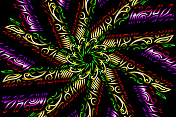 Beautiful caleidoscope symmetrical colourful gradient flowers line art of traditional abstract symbol batik dayak ornament design template elements

