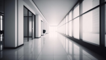 Defocused empty hotel or office interior with bright sunlight. Blurred of office - ideal for presentation background. Generative AI