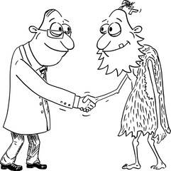 Business or Political Cartoon About Caveman and Businessman Handshake, Vector Illustration
