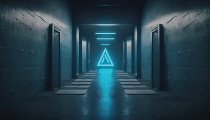 Sci Fi Futuristic Blue Cyber Modern Neon Led. Dance Club Glowing Purple Blue Lights In Empty Grunge Concrete Reflective Room Corridor. Generative AI