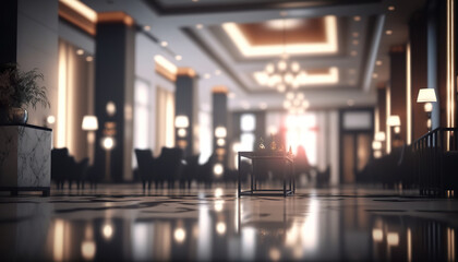 Fototapeta na wymiar Defocused abstract empty hotel lobby interior. Generative AI