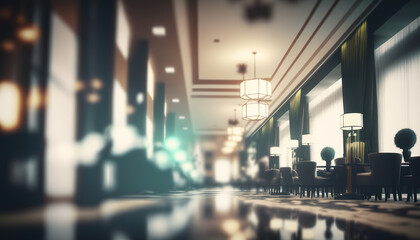 Defocused abstract empty hotel lobby interior. Blurred of Hotel - ideal for presentation background. Generative AI