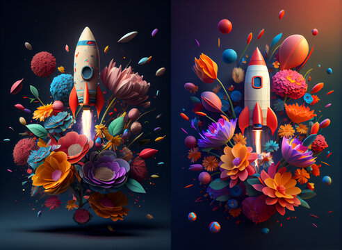 Spring floral abstract composition with a rocket, colorful flowers, floral art, beautiful rocket launch art, collection, background with leaves