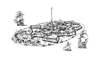 Petropavlovskaya fortress on Zayachy Island in St. Petersburg. Vector illustration in black ink, isolated on a white background in the style of an engraving.