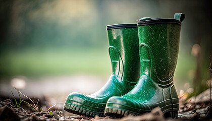 Green rubber boots stand in a puddle in the garden
