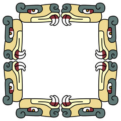 Rectangular frame with animal heads with big fangs. Native American art of Aztec Indians from Mexican codex. On black background. Isolated vector illustration.