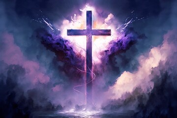 Naklejka premium illustration, christian cross on heavenly wallpaper with ethereal creation, ai generative