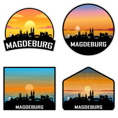 Magdeburg Germany Skyline Silhouette Retro Vintage Sunset Magdeburg Lover Travel Souvenir Sticker Vector Illustration SVG EPS AI - obrazy, fototapety, plakaty
