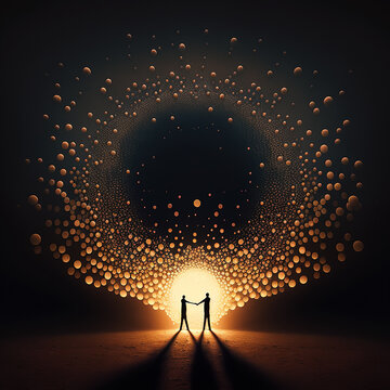 Silhouette Of Two People Holding Hands Surrounded By Balloons Symbolising Hope And Love