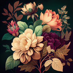 beautiful fantasy vintage wallpaper botanical flower bunch,vintage motif for floral print digital background.generative ai