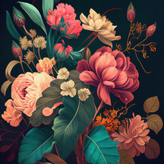 beautiful fantasy vintage wallpaper botanical flower bunch,vintage motif for floral print digital background.generative ai