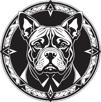 Illustration of a bold, fierce bulldog head in monochrome. Strong lines and shading give the image a powerful and intimidating presence