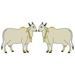 Symmetrical animal design with two standing white Indian cows. Sacred Hindu animal.